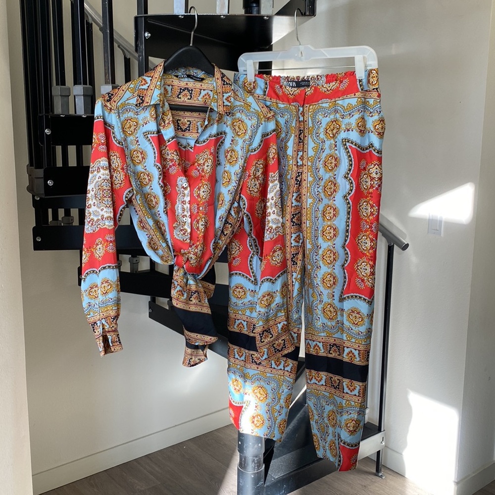 Zara Matching Set Exotic Print Button Up Shirt Blouse With Wide Leg Pants Medium